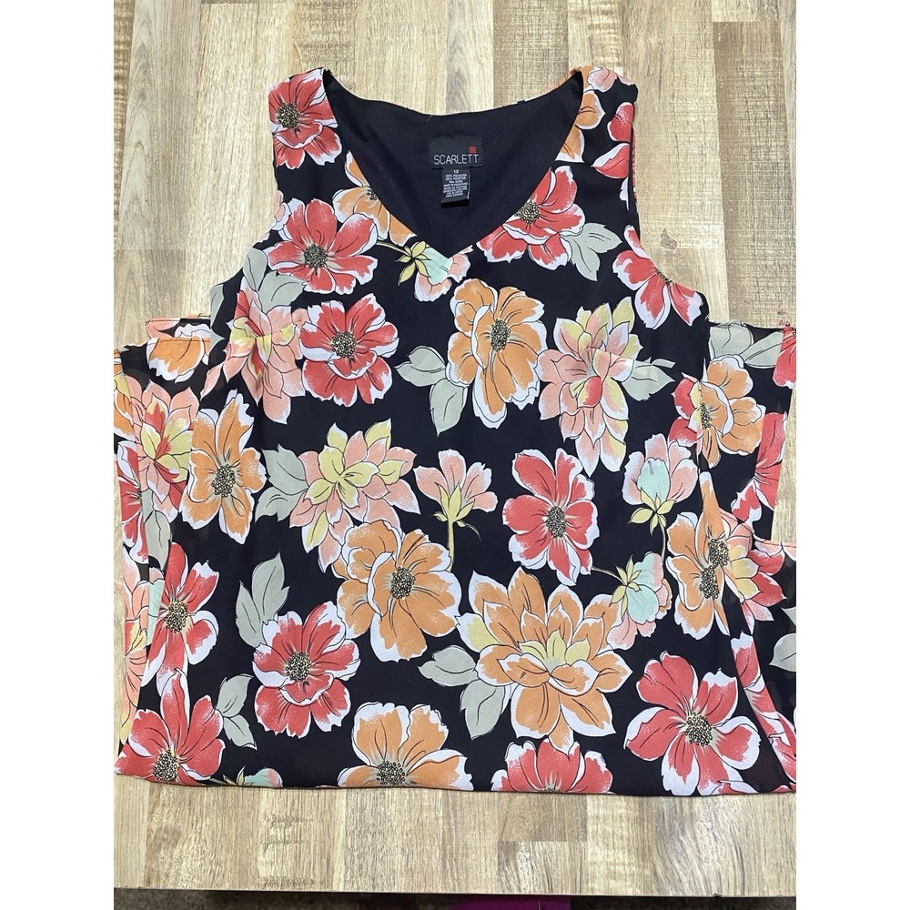 Scarlett‎  Women's Sz 12 Black Multi Floral Midi Sleeveless Flowing Flared Dress